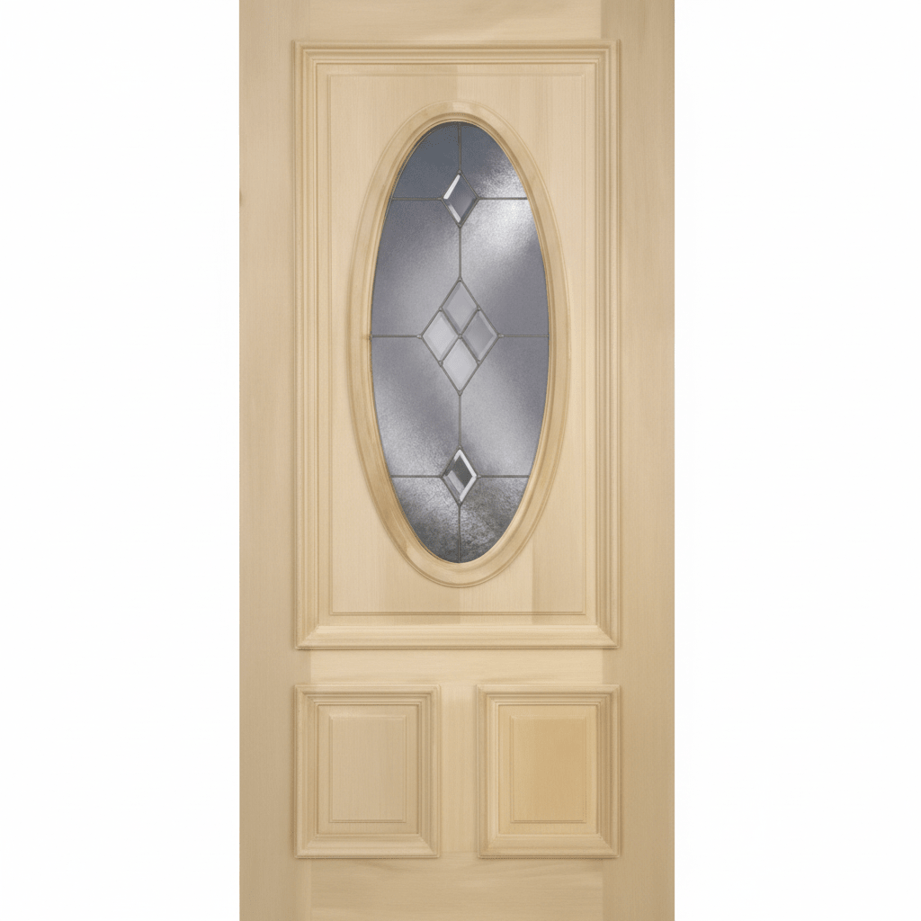 Poplar Wood Door 3 Panel Raised Moulding Diamond Brass Oval Tempered Glass 36"x80" - GRAHAMS HARDWARE