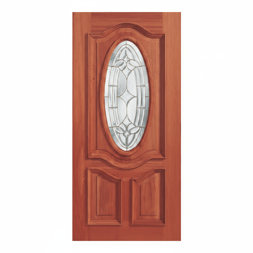 Mahogany Wood Door 3 Panel Raised Moulding Diamond Brass Oval Tempered Glass 36"x80" - GRAHAMS HARDWARE