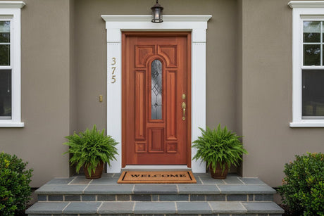 Mahogany Wood Door 8 Panel Raised Moulding Center Arch Diamond Brass Round Top Tempered Glass 36"x80" - GRAHAMS HARDWARE