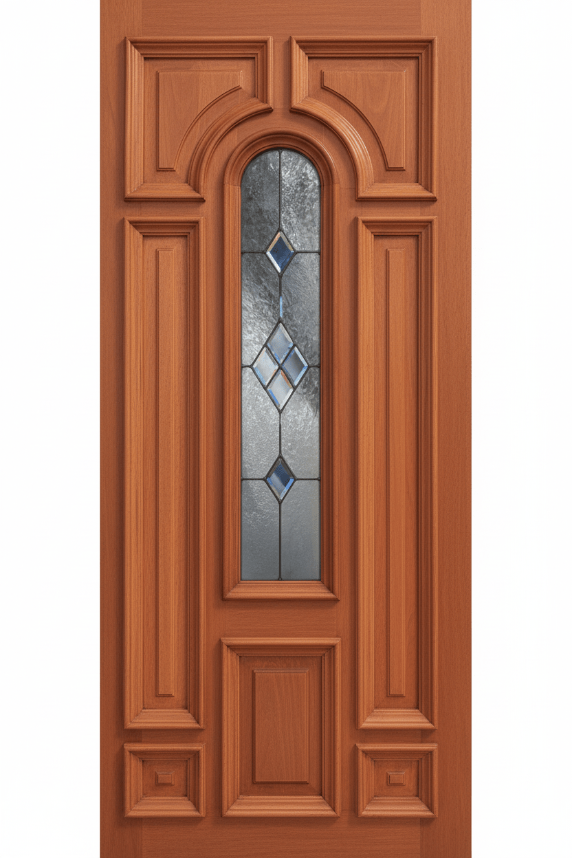 Mahogany Wood Door 8 Panel Raised Moulding Center Arch Diamond Brass Round Top Tempered Glass 36"x80" - GRAHAMS HARDWARE