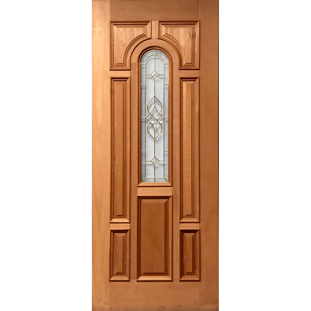 Mahogany Wood Door 8 Panel Raised Moulding Center Arch Diamond Brass Round Top Tempered Glass 36"x80" - GRAHAMS HARDWARE