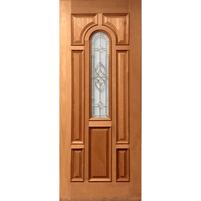 Mahogany Wood Door 8 Panel Raised Moulding Center Arch Diamond Brass Round Top Tempered Glass 36"x80" - GRAHAMS HARDWARE