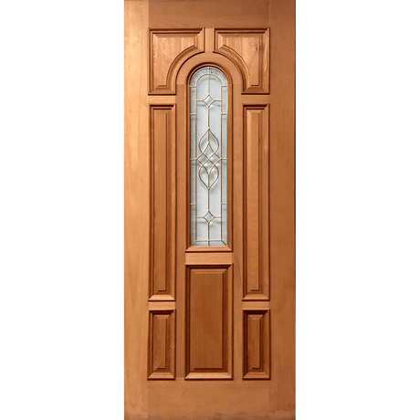 Mahogany Wood Door 8 Panel Raised Moulding Center Arch Diamond Brass Round Top Tempered Glass 36"x80" - GRAHAMS HARDWARE