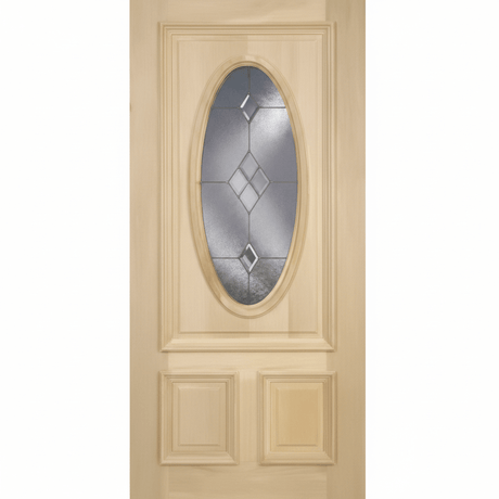 Poplar Wood Door 3 Panel Raised Moulding Diamond Brass Oval Tempered Glass 36"x80" - GRAHAMS HARDWARE