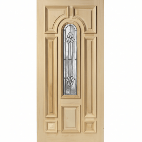Poplar Wood Door 8 Panel Raised Moulding Center Arch Diamond Brass Round Top Tempered Glass 36"x80" - GRAHAMS HARDWARE